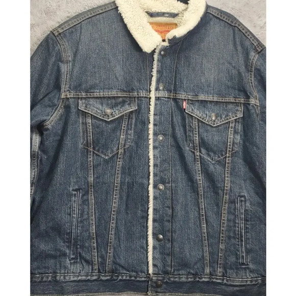 Levi's Mens Denim Sherpa Lined Trucker Jacket Coat Blue Stylish - Picture 13 of 15